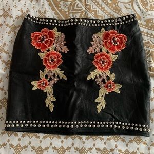 Embroidered Faux-Leather Mini Skirt with Studs